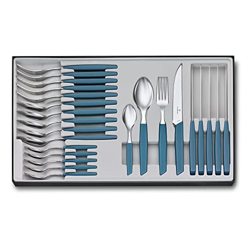 VICTORINOX Swiss Modern Besteck-Set für 6 Personen, 24-teilig, Inkl. Scharfe Steakmesser mit Wellenschliff, Kunststoffgriffe, Kornblumen-Blau von Victorinox