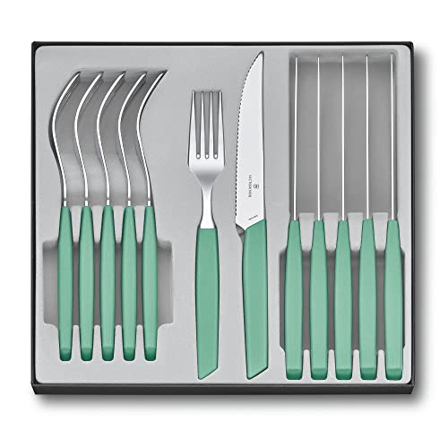 Victorinox Swiss Modern Besteck-Set für 6 Personen, 12-teilig, inkl. scharfe Steakmesser mit Wellenschliff, Kunststoffgriffe, Minzgrün von Victorinox