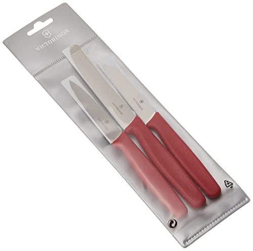 Victorinox Küchen-/Gemüsemesser-Set, 3-tlg., mit Kunststoff Griff, 2 x Wellenschliff, 1 x Gerader Schliff, rot, Standard, 5.1111.3 von Victorinox