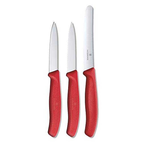 Victorinox Swiss Classic Gemüsemesser Set, 3-teilig, gerader Schliff, Extra Scharf, Robuster Kunststoffgriff, rot von Victorinox