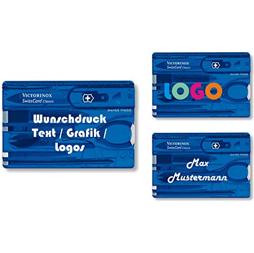 Victorinox Swiss Card Classic mit Wunschdruck I Geschenk für Männer I Geschenke zum Geburtstag I Schweizer Taschenmesser personalisiert 10 Funktionen (blau transparent) von Victorinox