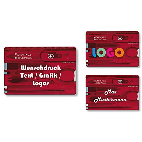 Victorinox Swiss Card Classic mit Wunschdruck I Geschenk für Männer I Geschenke zum Geburtstag I Schweizer Taschenmesser personalisiert 10 Funktionen (rot transparent) von Victorinox