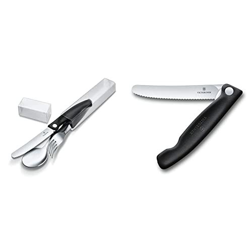 Victorinox Swiss Classic Besteck-Set, 3-teilig, schwarz & Swiss Classic Faltbares Gemüsemesser Wellenschliff schwarz von Victorinox
