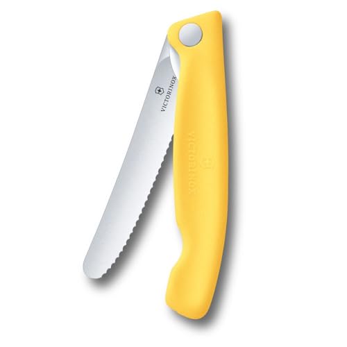 Victorinox Swiss Classic Faltbares Picknick-Messer für Wanderungen, Obst, Gemüse, Brötchen, Wurst, mit Wellenschliff, Extra Scharf, Gelb von Victorinox