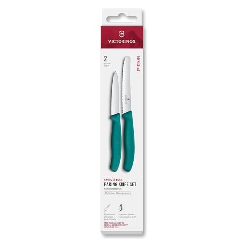 Victorinox Swiss Classic Gemüsemesser Set, 2-teilig, Gerade Klinge und Wellenschliff, Rostfreier Stahl, Swiss Made, Grün von Victorinox