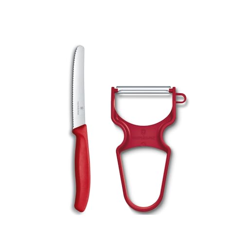 Victorinox Swiss Classic Gemüsemesser-Set, 2-teilig, Inkl. Tomatenmesser Wellenschliff und Sparschäler, Extra Scharfe Klinge, Spülmaschinengeeignet, rot von Victorinox