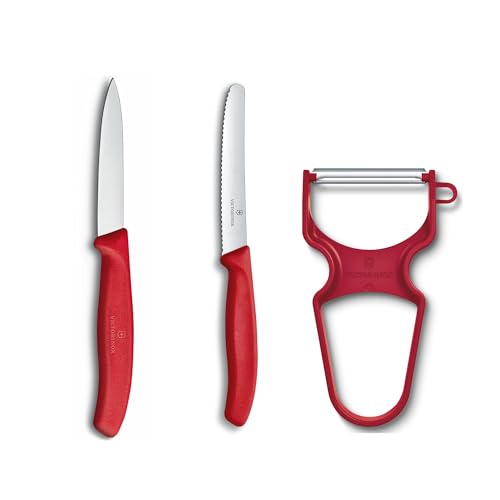 Victorinox Swiss Classic Gemüsemesser-Set, 3-teilig, Inkl. Tomatenmesser Wellenschliff, Gemüsemesser und Sparschäler, Spülmaschinengeeignet, rot von Victorinox