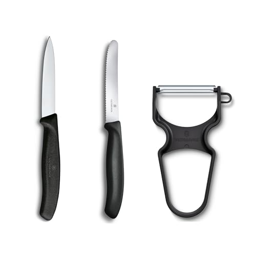 Victorinox Swiss Classic Gemüsemesser-Set, 3-teilig, Inkl. Tomatenmesser Wellenschliff, Gemüsemesser und Sparschäler, Spülmaschinengeeignet, schwarz von Victorinox