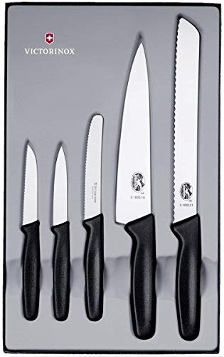 Victorinox 5-teiliges Küchenmesser-Set (Gemüsemesser, Tomaten- und Tafelmesser, Tranchiermesser, Brotmesser, Spülmaschinengeeignet) schwarz von Victorinox