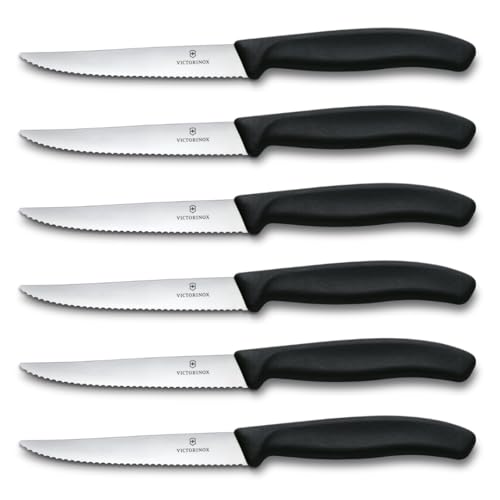 Victorinox Swiss Classic Profi Steak- und Pizzamesser-Set, 6-teilig, Tafelmesser, Wellenschliff, Scharfe Klingen, 11 cm, Robuste Kunststoffgriffe, Schwarz von Victorinox