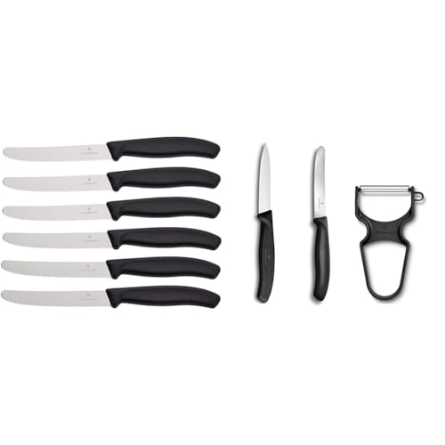 Victorinox Swiss Classic Tomatenmesser, Brotzeitmesser & Swiss Classic Gemüsemesser-Set, 3-teilig, Inkl. Tomatenmesser Wellenschliff, Gemüsemesser und Sparschäler, Spülmaschinengeeignet, schwarz von Victorinox