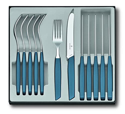 Victorinox Swiss Modern Besteck-Set für 6 Personen, 12-teilig, inkl. scharfe Messer mit Wellenschliff, Kunststoffgriffe, Kornblumen-Blau von Victorinox