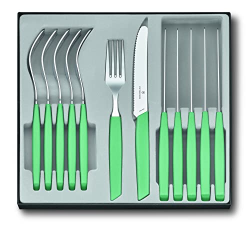 VICTORINOX Swiss Modern Besteck-Set für 6 Personen, 12-teilig, inkl. scharfe Messer mit Wellenschliff, Kunststoffgriffe, Minzgrün von Victorinox