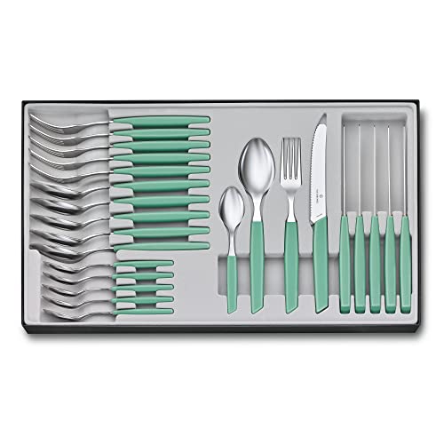Victorinox Swiss Modern Besteck-Set für 6 Personen, 24-teilig, inkl. scharfe Messer mit Wellenschliff, Kunststoffgriffe, Minzgrün von Victorinox