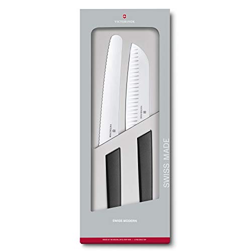 Victorinox Swiss Modern Messer Set, 2-teilig, Brotmesser, Santokumesser, Extra Scharf, Robuster Kunststoffgriff, schwarz von Victorinox