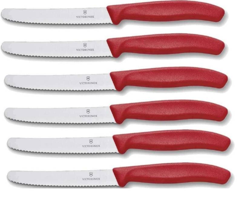 Victorinox Tafelmesser Swiss Classic Küchenmesser Set, 6 Stück, mit Wellenschliff, Rot ergonomischer Griff, perfekt für präzises Schneiden von Victorinox
