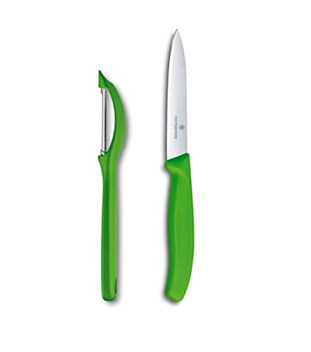 Victorinox Universalschäler mit Pendelklinge CUT Set für Obst und Gemüse - Extra scharf - Zackenschliffklinge/Zweischneidig - Swiss Made - Grün von Victorinox