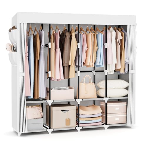 Kleiderschrank, Stoffschrank,170cm breit, Stoffschrank mit großer Kapazität, mit Abdeckung, 4 Lagerregalen und 4 Kleiderstangen, stabiler freistehender textil kleiderschrank für das Schlafzimmer Weiß Kleiderschrank, Stoffschrank,170cm breit, Stoffschrank mit großer Kapazität, mit Abdeckung, 4 Lagerregalen und 4 Kleiderstangen, stabiler freistehender textil kleiderschrank für das Schlafzimmer Weiß von Vicye