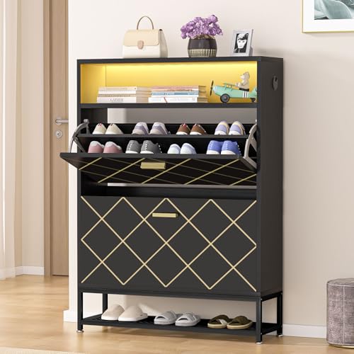 Vicye Schuhkipper, Schuhschrank Schmal mit Farbigen LED-Lichtern, 24 Paar Schuhe, 2 Klappfächer & Metallbeinen, Schuhkommode Platzsparend für Flur, Wohnzimmer, Schlafzimmer, Schwarz von Vicye