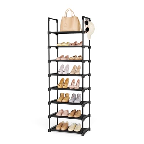 Vicye Schuhregal 8 Ebenen Offener Schuhschrank Schmale Hoch Platzsparendes Schuhregal Schwarz Kommt mit fünf Haken für 16 Paar Schuhe für Eingangs Flur Eingang Schlafzimmer und Garderobe Lagerung von Vicye