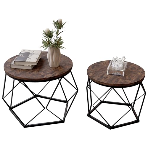 Vida Designs Brooklyn Runde Couchtische, 2er Set Beistelltische, moderner Stahlrahmen, Nesting Wohnzimmermöbel (Dunkles Holz) von Vida Designs