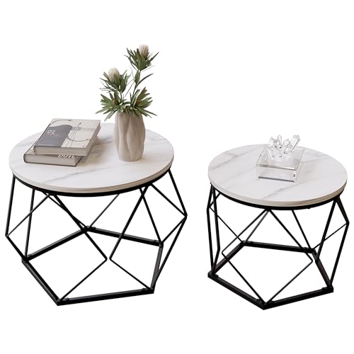 Vida Designs Brooklyn Runde Couchtische 2er Set Beistelltische Moderne Stahlrahmen Nesting Wohnzimmermöbel (Marmor) von Vida Designs