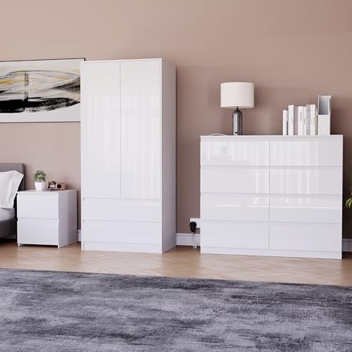 Vida Designs Glinton 3-teiliges Schlafzimmer-Set (Nachtkommode mit 2 Schubladen, Kommode mit 8 Schubladen, Kleiderschrank mit 2 Türen, 2 Schubladen), Weiß (100% FSC) von Vida Designs