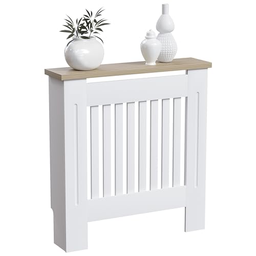 Vida Designs Arlington Heizkörperabdeckung, modern, weiß lackiert, MDF-Schrank, Lamellen, Rillen, oberes Regal aus Holz, klein von Vida Designs