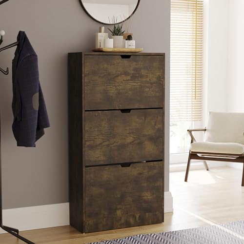 Vida Designs Schuhschrank mit 3 Schubladen, platzsparend, schmal, Schuhschrank mit 3 Klappschubladen, Flur und Wohnzimmermöbel, FSC 100 Zertifiziert (Dunkles Holz) von Vida Designs