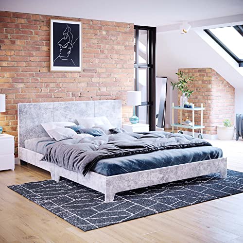 Vida Designs Victoria Bett, 152 cm Bettgestell, gepolstertes Kopfteil aus Stoff, Schlafzimmermöbel, silberfarbener Samt, Holz, King Size (5 Foot) von Vida Designs