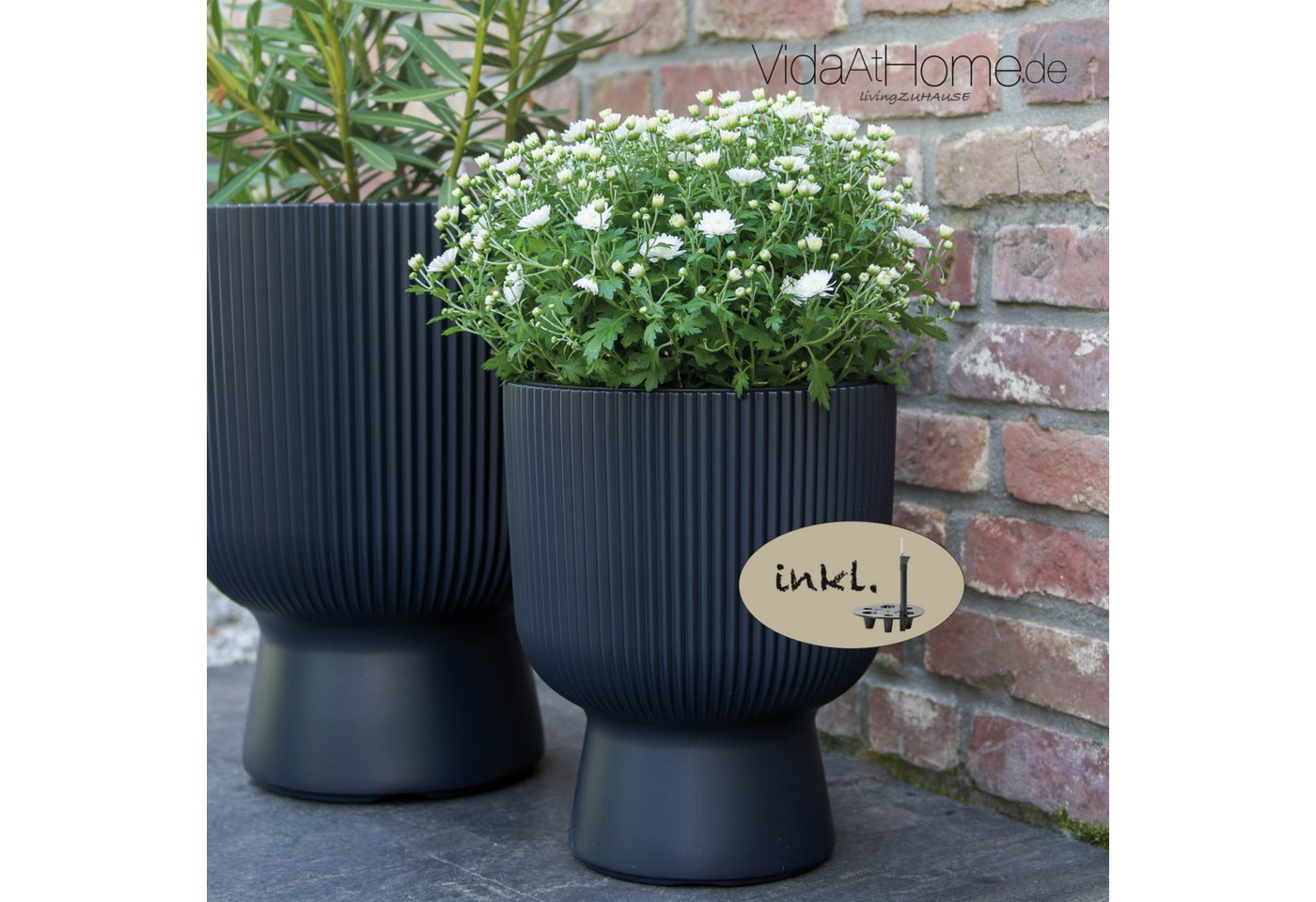 VidaAtHome.de Blumentopf Design-Pflanzgefäße-Set ALVY (2er Set) mit Bewässerungseinsatz (Spar-Set, Pflanzgefäß ALVY 30, 40 + Bewässerung 212, 277), Stilvolles Design mit Rillenstruktur von VidaAtHome.de