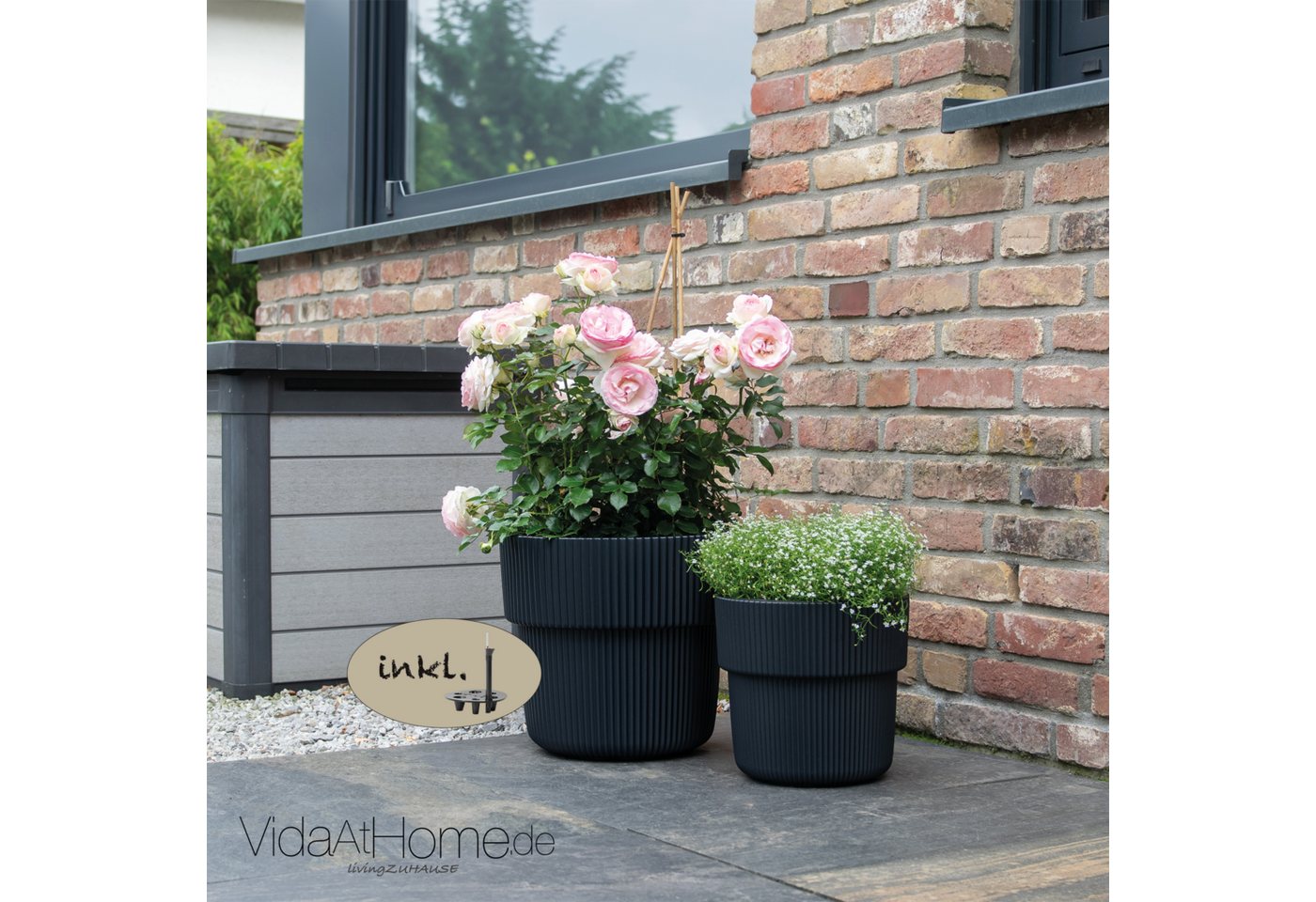 VidaAtHome.de Blumentopf Design-Pflanzgefäße-Set VYLU (2er Set) mit Bewässerungseinsatz (Spar-Set, Pflanzgefäß VYLU 30, 40 + Bewässerung 212, 277), Modernes Rillendesign, mit Pflanzeinsatz und Bewässerungseinsatz von VidaAtHome.de
