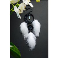 Weißer Traumfänger Mit Mondstein Oder Aventurin Kristall. Wandbehang Weiß Schwarz. Grünschwarzweihnachtsgeschenk von VidaHandmadeUA