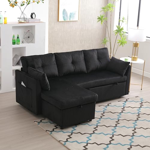 206 x 108 x 66 cm, multifunktionales Sofa-Bett mit Stauraum und Ausziehbett, austauschbares Chaiselongue, modulares L-Shaped-Sofa, modulares Ecksofa für Wohnzimmer, Schwarz von Vidacharmy