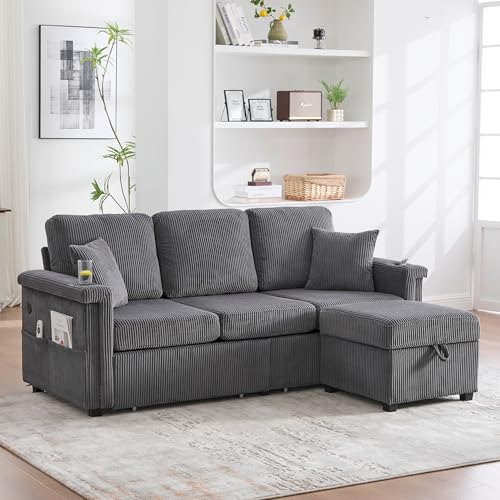 Vidacharmy 3-Sitzer-Sofa aus Samt mit LED-Beleuchtung und USB-C-Anschluss, Fußstütze, 2 Schubladen, praktische Getränkehalter und Seitentaschen, Ecksofa in L, Dunkelgrau Vidacharmy 3-Sitzer-Sofa aus Samt mit LED-Beleuchtung und USB-C-Anschluss, Fußstütze, 2 Schubladen, praktische Getränkehalter und Seitentaschen, Ecksofa in L, Dunkelgrau von Vidacharmy