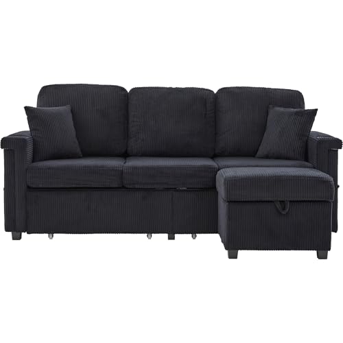 Vidacharmy 3-Sitzer-Sofa aus Samt mit LED-Beleuchtung und USB-C-Anschluss, Fußstütze, 2 Schubladen, praktische Getränkehalter und Seitentaschen, Ecksofa in L, Schwarz von Vidacharmy