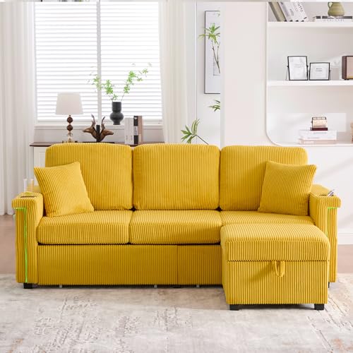 Vidacharmy 3-Sitzer-Sofa aus Samt mit LED-Beleuchtung und USB-C-Anschluss, Fußstütze, 2 Schubladen, praktische Getränkehalter und Seitentaschen, Ecksofa in L, senfgelb Vidacharmy 3-Sitzer-Sofa aus Samt mit LED-Beleuchtung und USB-C-Anschluss, Fußstütze, 2 Schubladen, praktische Getränkehalter und Seitentaschen, Ecksofa in L, senfgelb von Vidacharmy