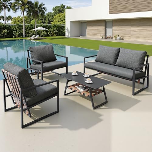 Vidacharmy Gartenmöbel Sitzgarnitur Garten-Garnitur Set, Essgruppe mit Couchtisch & Kissen, Maximale Belastung: 150kg, Einstellbar Verzinktes Stahlrohr, für Balkon, Garten, Hinterhof, Schwarz Vidacharmy Gartenmöbel Sitzgarnitur Garten-Garnitur Set, Essgruppe mit Couchtisch & Kissen, Maximale Belastung: 150kg, Einstellbar Verzinktes Stahlrohr, für Balkon, Garten, Hinterhof, Schwarz von Vidacharmy