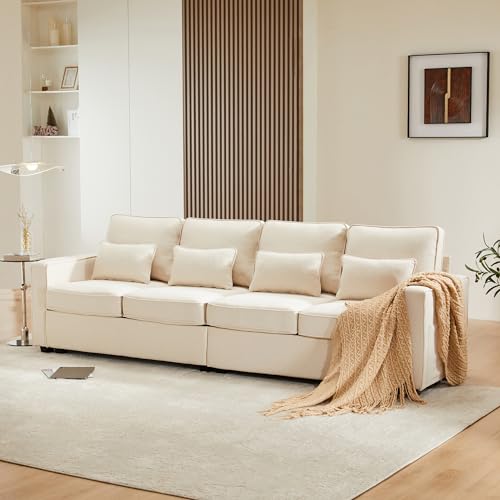 Vidacharmy Modernes 4-Sitzer-Sofa aus Leinenstoff, mit Armlehnen und 4 Kissen, Sofa im schlichten Stil, geeignet für Wohnzimmer, Wohnung, 3 Farboptionen, Beige von Vidacharmy