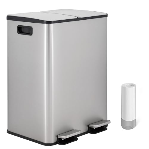 Vidacharmy Mülleimer 2 Fächer, 2 x 30L Abfalleimer Küche aus Metall, Mülltrennsystem, Doppelfach Treteimer mit Softclose Deckel und Inneneimer, Tretmülleimer mit 20 Müllsäcke, luftdicht, silbern von Vidacharmy