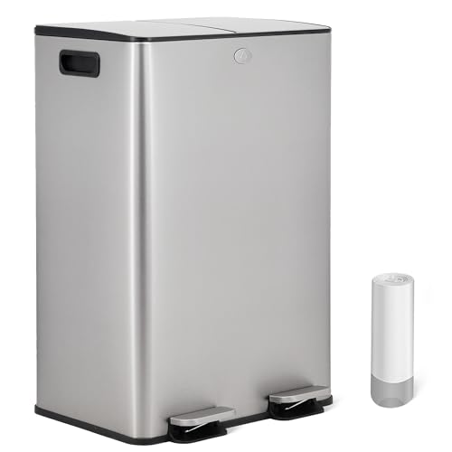 Vidacharmy Mülleimer Küche, Abfalleimer 2 x 20 Liter, Mülltrennsystem 2 Fächer, inklusive 20 Müllbeutel, Stahl Abfalleimer, Treteimer mit Inneneimer, recycelbare Abfälle, Biomüll, Softclose-Deckel von Vidacharmy