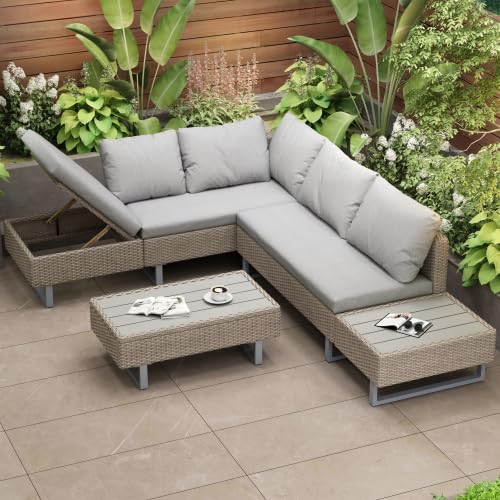 Vidacharmy Polyester-Rattan-Gartenmöbel-Set, 3-teiliges Outdoor-Möbelset, Balkonmöbel, enthält Zwei verstellbare Sofas und einen Couchtisch, Loungemöbel, bietet Platz für bis zu 5 Personen, Khaki von Vidacharmy