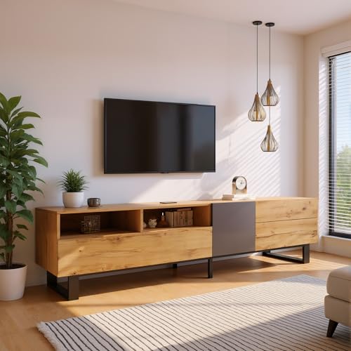 Vidacharmy TV-Schrank, Fernsehtisch mit 2 Türen, 180 cm lang, TV-Regal für Fernseher bis zu 60 Zoll, für Wohnzimmer, Esszimmer, Schlafzimmer, TV Lowboard, Colorblocking TV Lowboard, Vintagebraun Vidacharmy TV-Schrank, Fernsehtisch mit 2 Türen, 180 cm lang, TV-Regal für Fernseher bis zu 60 Zoll, für Wohnzimmer, Esszimmer, Schlafzimmer, TV Lowboard, Colorblocking TV Lowboard, Vintagebraun von Vidacharmy