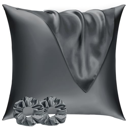 Satin Kissenbezug 60x60 2er Set & 2 Haargummis, Satin Kopfkissenbezug 60x60 Dunkel Grau, Weich wie Seidenkissenbezug 60x60,Bessere Pflege als Silk Pillosecase,Kissenhülle Kissenbezug für Haar und Haut Satin Kissenbezug 60x60 2er Set & 2 Haargummis, Satin Kopfkissenbezug 60x60 Dunkel Grau, Weich wie Seidenkissenbezug 60x60,Bessere Pflege als Silk Pillosecase,Kissenhülle Kissenbezug für Haar und Haut von Vielit