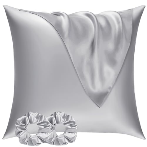 Vielit Satin Kissenbezug 60x60 2er Set & 2 Haargummis, Satin Kopfkissenbezug 60x60 Grau, Weich wie Seidenkissenbezug 60x60,Bessere Pflege als Silk Pillosecase,Kissenhülle Kissenbezug für Haar und Haut Vielit Satin Kissenbezug 60x60 2er Set & 2 Haargummis, Satin Kopfkissenbezug 60x60 Grau, Weich wie Seidenkissenbezug 60x60,Bessere Pflege als Silk Pillosecase,Kissenhülle Kissenbezug für Haar und Haut von Vielit