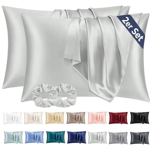 Vielit 2er Set Satin Kissenbezug 40 x 80 Hellgrau, Weich wie Seidenkissenbezug 40x80,Bessere Pflege als Silk Pillosecase,Satin Kopfkissenbezug Kissenhülle für Haar und Haut mit 2 Haargummis von Vielit