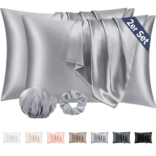 Vielit 2 Stück Satin Kissenbezug 40 x 80 Grau, Weich wie Seidenkissenbezug, Bessere Pflege als Silk Pillosecase,Kopfkissenbezug 40x80 Kissenhülle für Haar und Haut kommt mit Haargummi & Haarhaube von Vielit