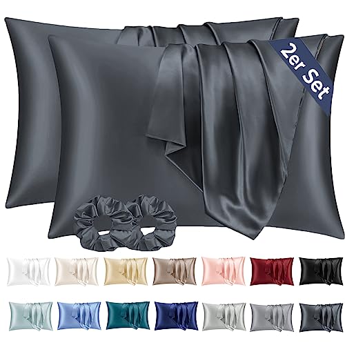 Vielit 2 Stück Satin Kissenbezug 40x60 Dunkelgrau, Weich wie Seidenkissenbezug, Bessere Pflege als Silk Pillosecase, Satin Kopfkissenbezug Kissenhülle für Haar und Haut kommt mit 2 Haargummis von Vielit