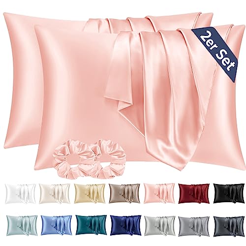 Vielit 2 Stück Satin Kissenbezug 40x60 Rosa, Weich wie Seidenkissenbezug, Bessere Pflege als Silk Pillosecase, Satin Kopfkissenbezug Kissenhülle für Haar und Haut kommt mit 2 Haargummis von Vielit