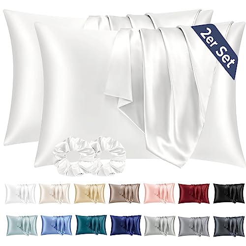 Vielit 2 Stück Satin Kissenbezug 40x60 Weiß, Weich wie Seidenkissenbezug, Bessere Pflege als Silk Pillosecase, Satin Kopfkissenbezug Kissenhülle für Haar und Haut kommt mit 2 Haargummis von Vielit